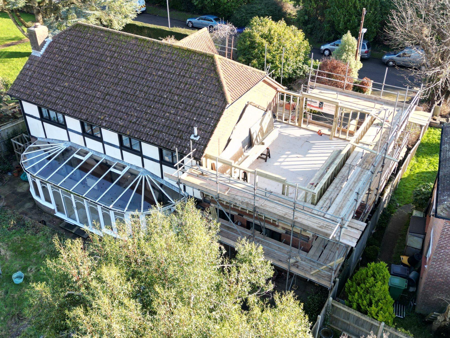 Aerial construction view of rear and side extension works